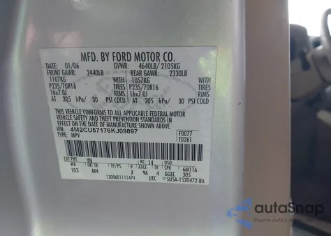 2006 Mercury Mariner Luxury/Premier from USA, damaged, VIN 4M2CU57176KJ09897